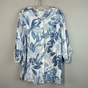 C&C California Blue And White Linen Leaf Print Button Down Shirt Size 2X